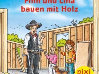 Originelles Werbemittel zur Förderung des Holzbaus: Das Hagebau Pixi-Kinderbuch „Finn und Lina bauen mit Holz“.