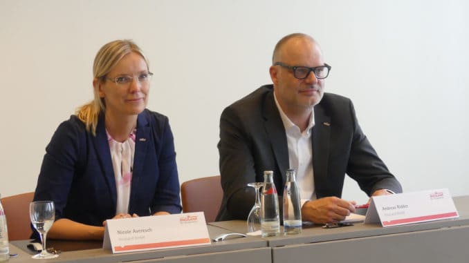 Gestalteten gemeinsam die Pressekonferenz im Rahmen des Holzhandelstages in Hamburg: die neue Geschäftsführerin von Holzland, Nicole Averesch, und der scheidende Geschäftsführer Andreas Ridder.
